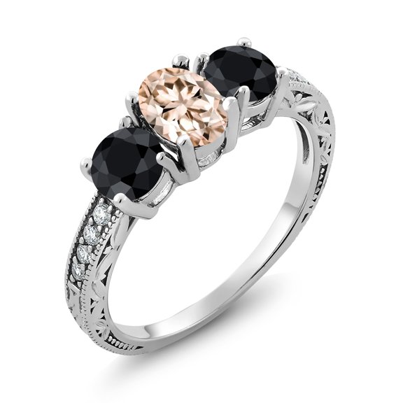 Gem Stone King 2.15 Ct Oval Peach Morganite Black Sapphire 925 Sterling Silver Moissanite Ring (Size 7)