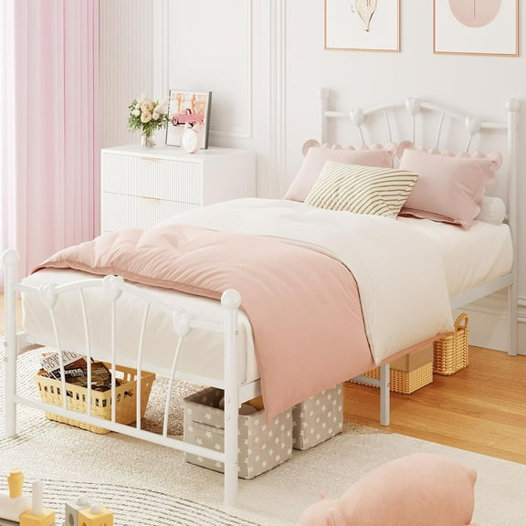 Towallmark Twin Size Bed Frame, Heart Shaped Metal Bed Frame with Headboard and Footboard, Platform Bed Frame with Sturdy Slat Support, Underbed Storage Space, No Box Spring Needed, White