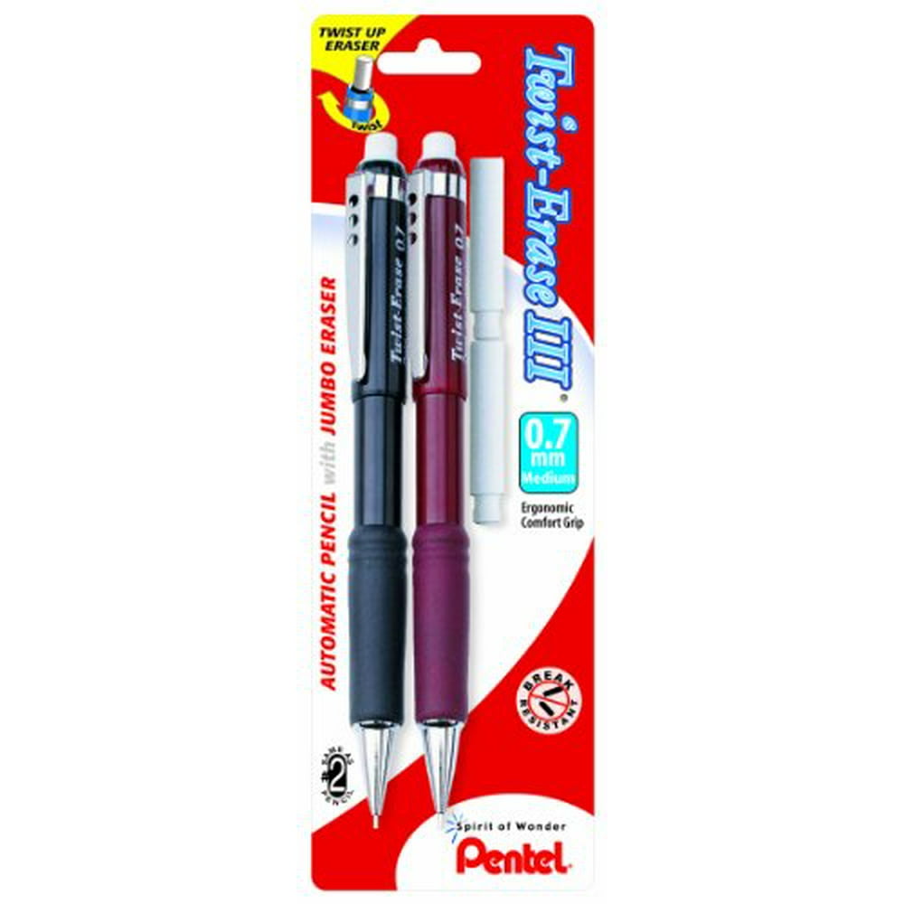 Pentel TwistErase III Automatic Pencil with 2 Eraser Refills 0.7mm Assorted Barrels 2 Pack