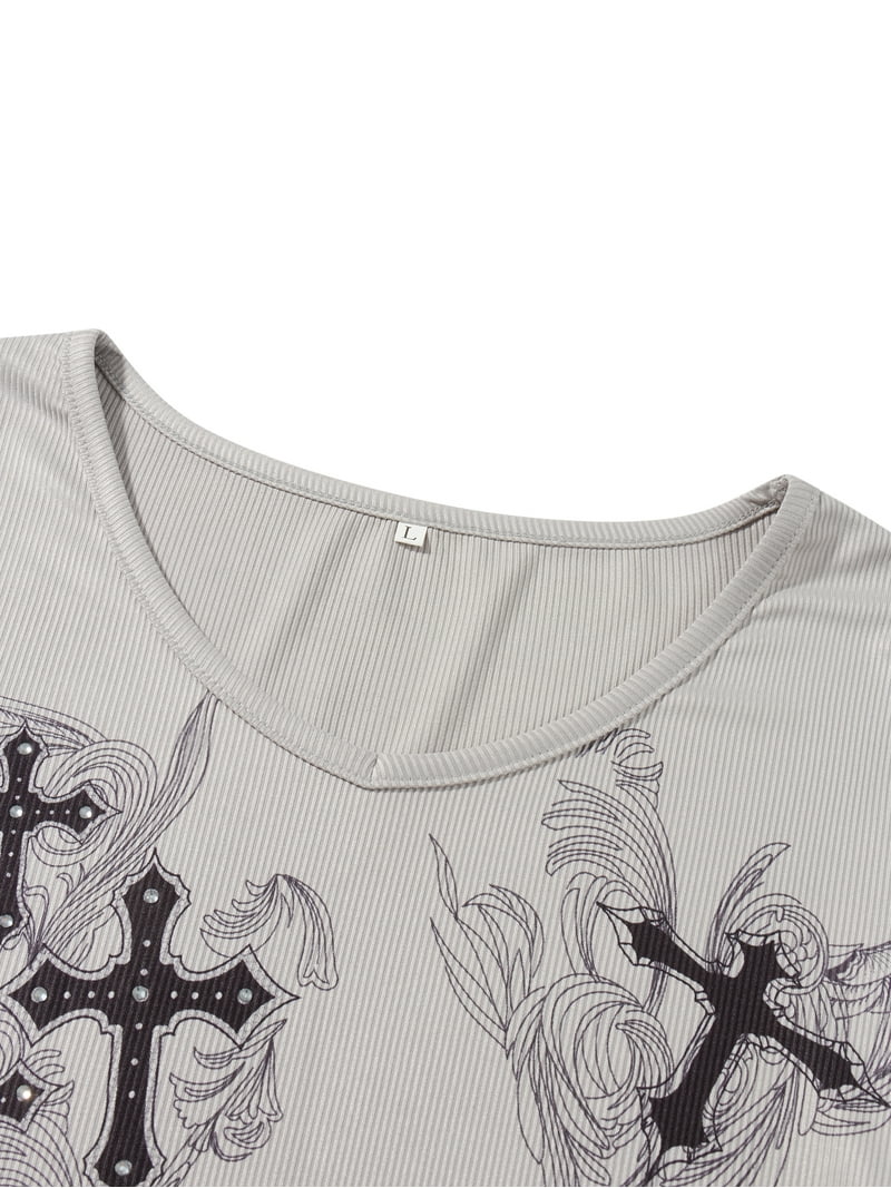 Womens Y2K Shirts Long Sleeve V Neck Cross Wings Printed