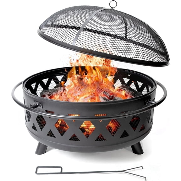 Olympia Outdoors Fire Pit 36in, Outdoor Wood Burning Fire Pits with Mesh Spark Screen, Poker and Rain Cover