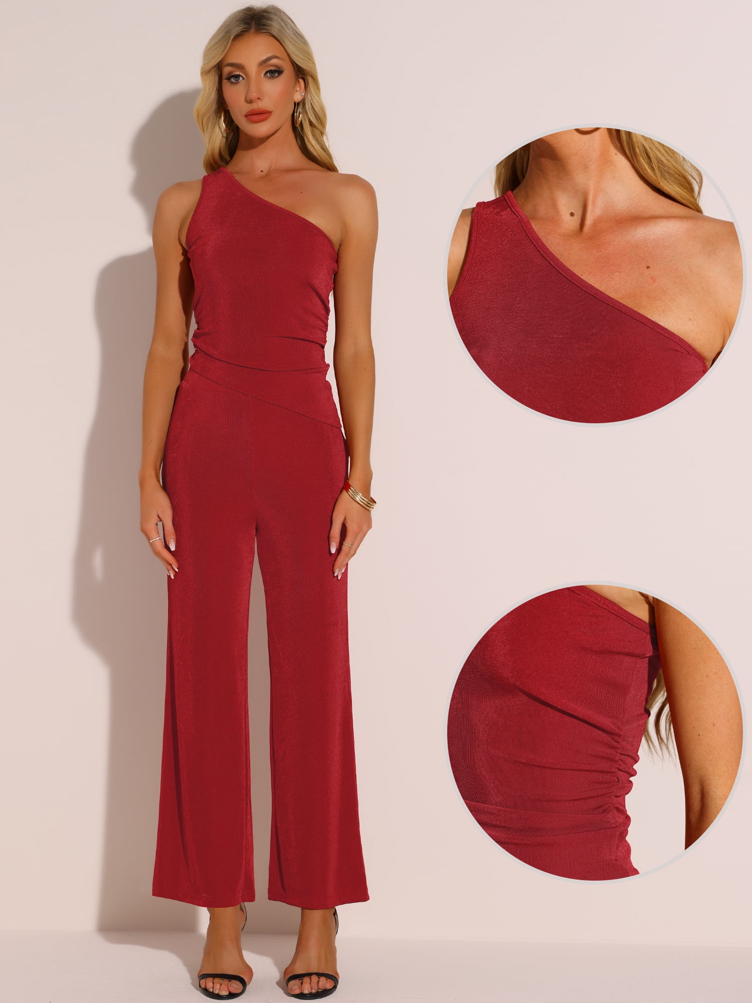 DARING DIVA Women's One Shoulder Sleeveless Crop Top Wide Leg Pants 2 Pcs S Red