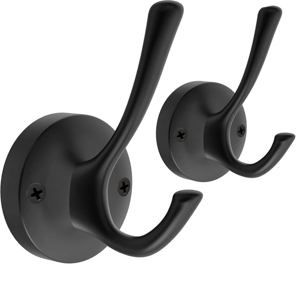 TOFIIGREM Ganchos para toallas negros, paquete de 2 ganchos para abrigos, gancho doble de metal resistente para batas de baño, ganchos para toallas de mano montados en la pared para cubículo, baño, co