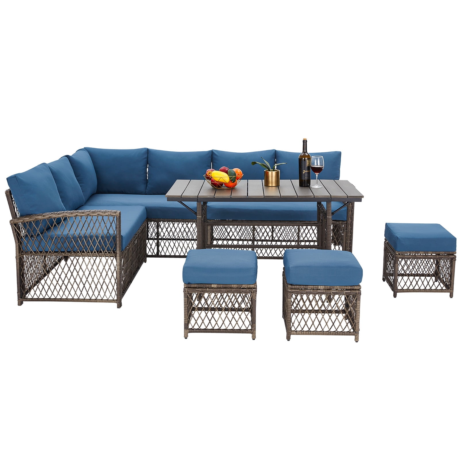 AECOJOY Outdoor Furniture Set, 7-Piece Rattan Wicker Sectional Sofa Couch, Patio Conversation Set with Dining Table & Chair in Navy