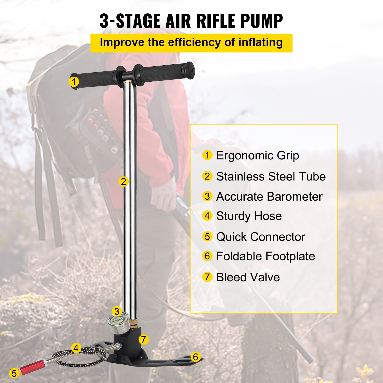 KFFKFF Air Rifle PCP Hand Pump, 4500PSI, Triple-Stage Compression for Efficient Air Filling
