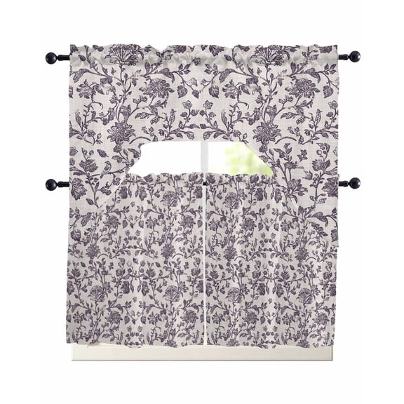 Farmhouse Purple Kitchen Curtains Set for Windows 3 Piece Cafe Curtains 24 Inch Length Swag Curtains Valances and Tier Set Vintage Flower Leaf Botanical Plant Drapes for Bedroom Bathroom Living Room