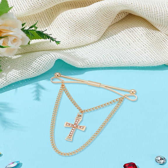 1pc Brass Rhinestone Hanging Chains Collar Pins Tie Clips Cardigan Clips for Men Women Golden 78x62x5mm 1pc/color