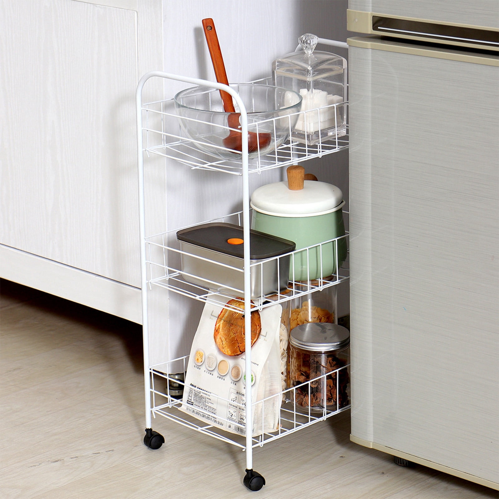 White Metal Three-tier Cart for Household Kitchen Spices Fruit Vegetables Compartmentalized Storage, 24.8x14.17x9.45in Iron Storage Basket with Removable Shelves and 360 Swivel Wheels