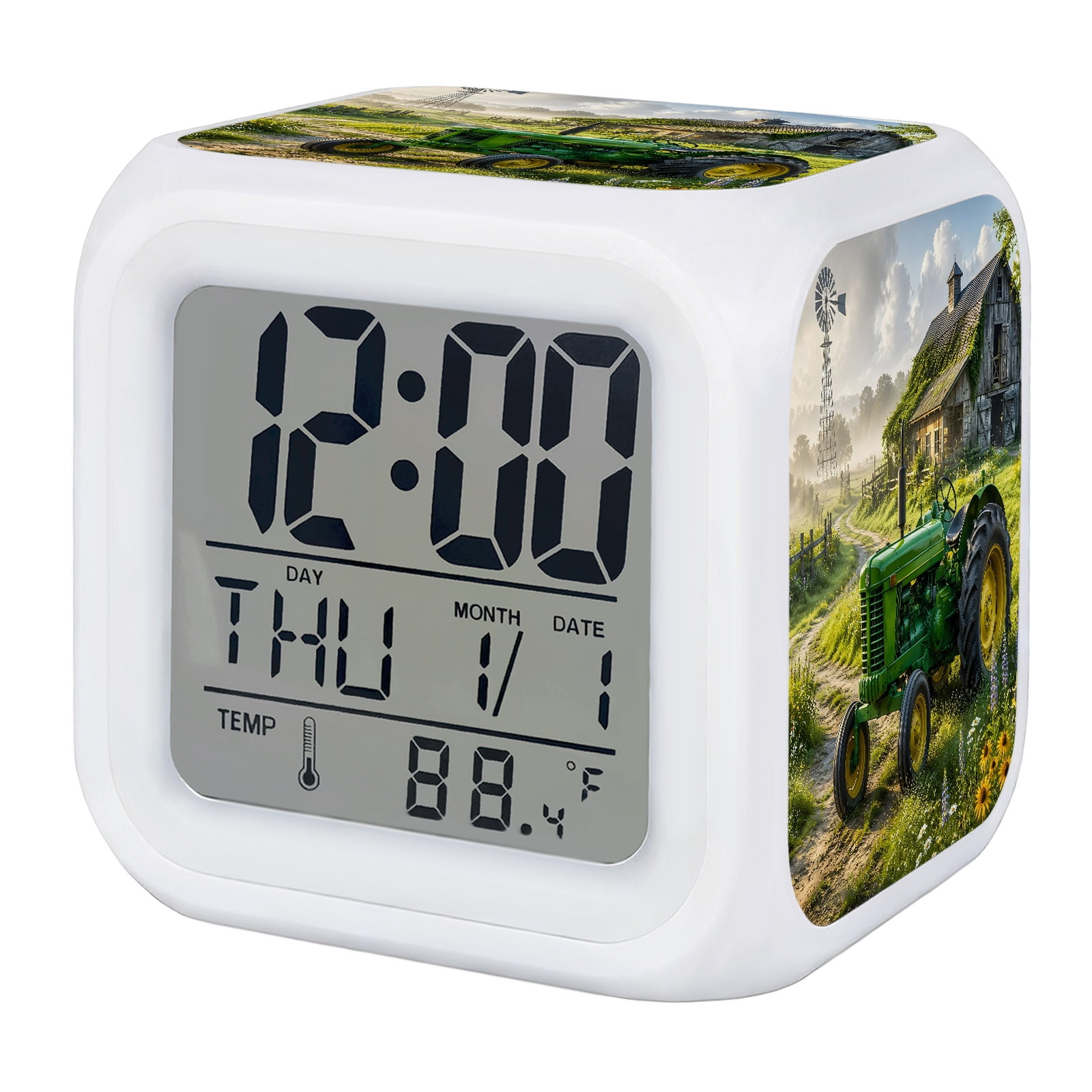 Green Tractor Alarm Clock, Vintage Barn Windmill Country Path Farm Digital Clock Night Light with 7 Color, Calendar Temperature Display, LED Desk Small Clock for Bedrooms Bedside Living Room