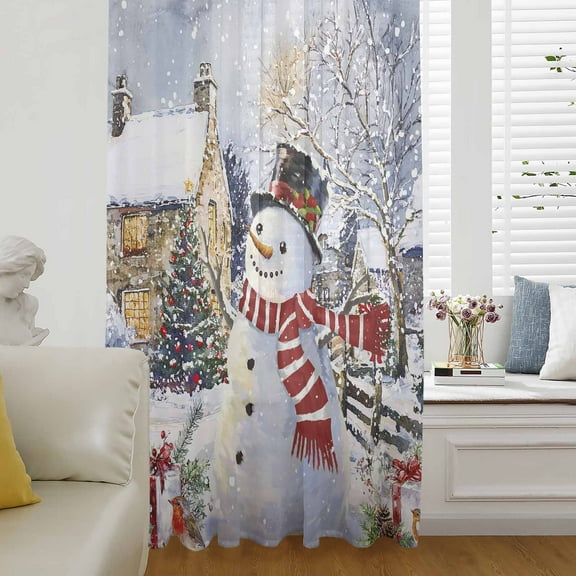 Snowman Christmas Semi Sheer Curtains Drapes for Living Room, Bedroom, French Doors Window 84 Inches Long, Farmhouse Xmas Tree Snowflake Rod Pocket Chiffon Curtain Drapery Voile Draperies Panel