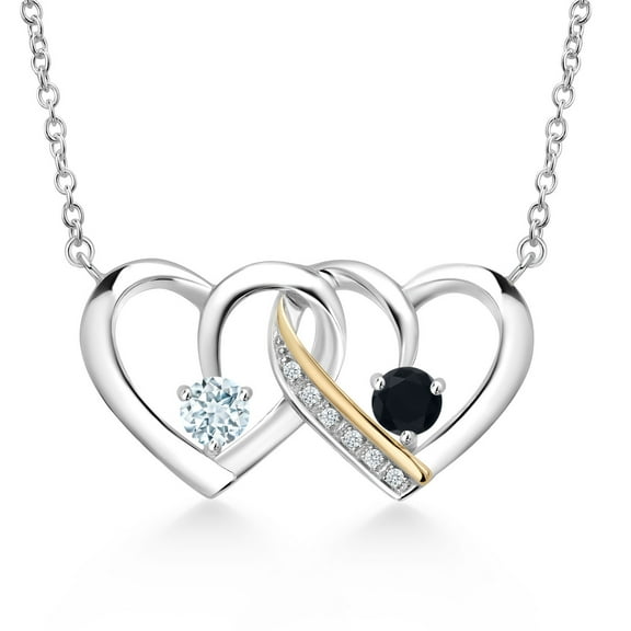 925 Silver and 10K Yellow Gold Sky Blue Aquamarine and Black Onyx and White Lab Grown Diamond Interlocking Heart Pendant Necklace for Women (0.50 Cttw, Gemstone March Birthstone, with 18 inch Chain)