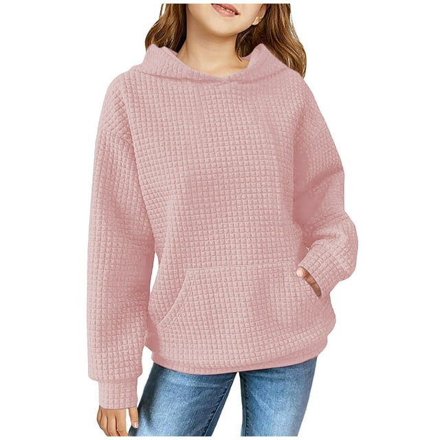 FAOWME Child Solid Color Hooded Silk Checked Tops Coat Light Pink 9-10 Years
