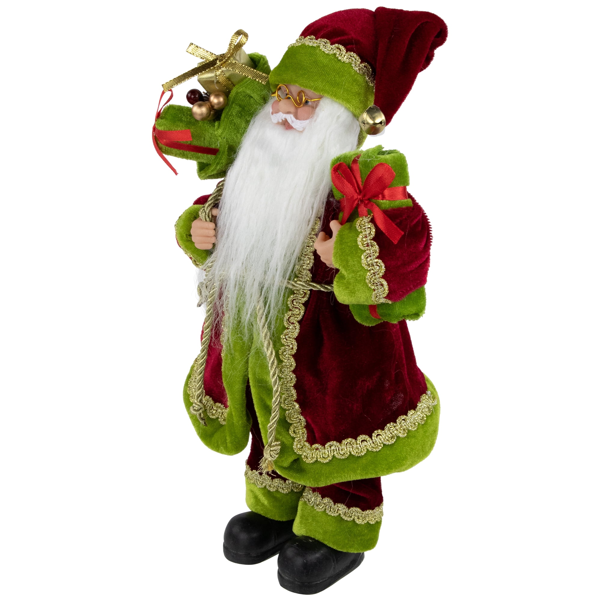 12" Red Green and Gold Standing Santa Claus Christmas Figure with Gift Bag