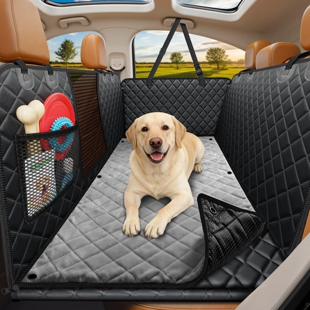 Backseat Extender for Dogs - Hard Bottom Dog Car Seat Cover for Back Seat, Dog Hammock for Car and SUV, Pet Rear Seat Protector Dogs Travel Bed with Mesh Window & Side Flaps