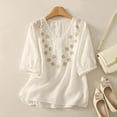 thumbnail image 2 of Taqqpue Women's Summer Cotton Linen Tops Embroidered Solid Color Short Sleeve Casual V Neck T-Shirt Loose Fit Half Sleeve Plus Size Blouse Tops for Women, 2 of 7