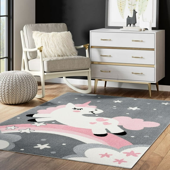 Abani Play Collection Unicorn 5' x 8' Grey Pink Kids Room Area Rug