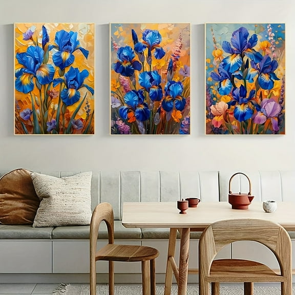 2D Flat, 3pcs Unframed Linilioart Vintage Floral Canvas Art Set - Blue Iris Flower Wall Decor, Frameless Botanical Painting for Living Room, 2D Flat Design, Canvas Material, Perfect for Room Decor,