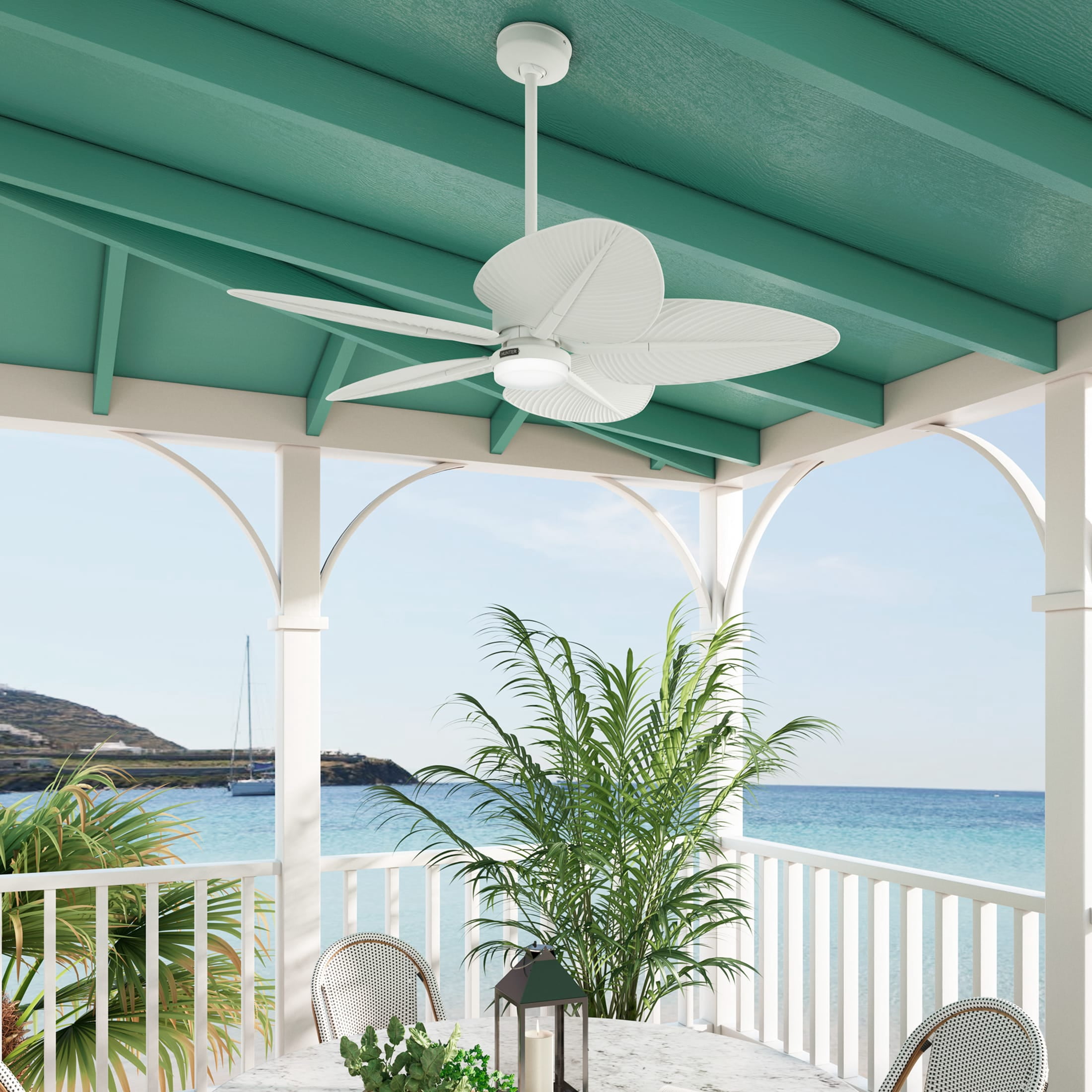 Hunter - Tropic View Indoor/Outdoor Ceiling Fan With Light, Wall Control, 52-inch, Matte White, Tropical-style, 6-speed DC Motor, 52999, for Porches, Bathrooms