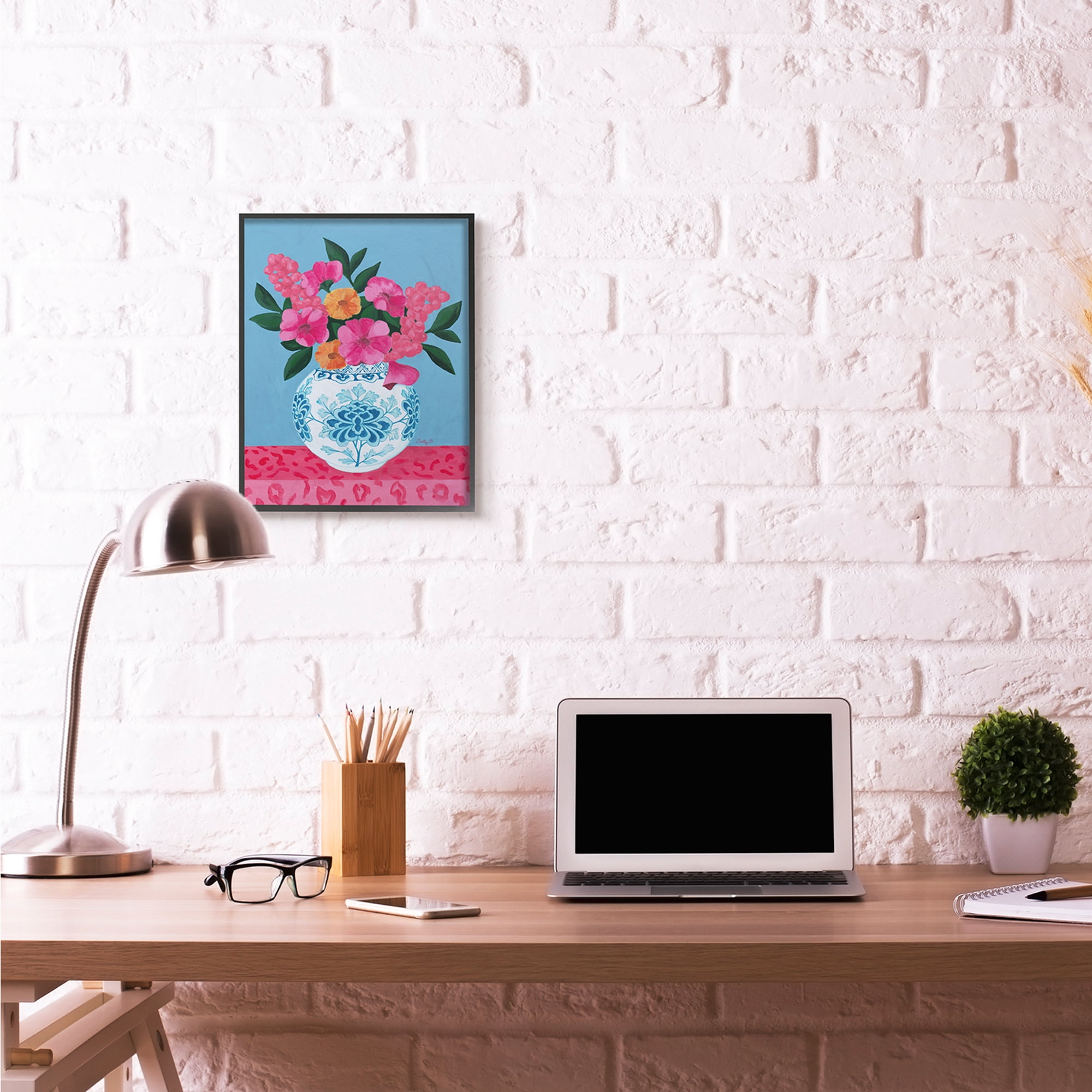 Stupell Industries Flower Vase Pink Blue Painting Black Framed Art Print Wall Art, 16x20, by Sally B