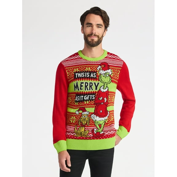 The Grinch Men's and Big Men's Christmas Sweater, Sizes S-3XL