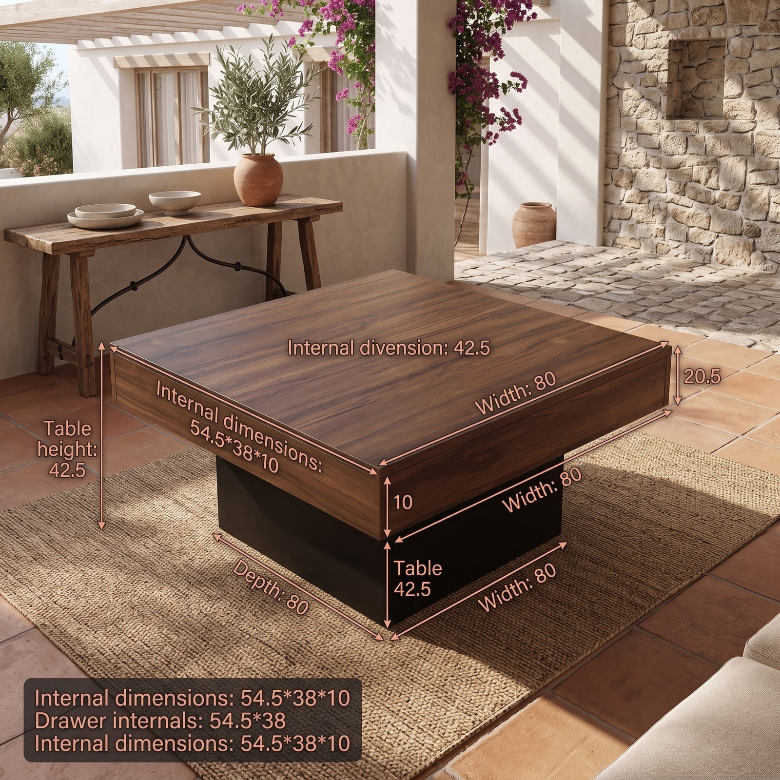 Furnibear LED Coffee Table Square Accent Table with RGB Lights and 21 Dynamic Modes, Remote Control, Engineered Wood Center Table for Living Room, Rustic Brown & Black