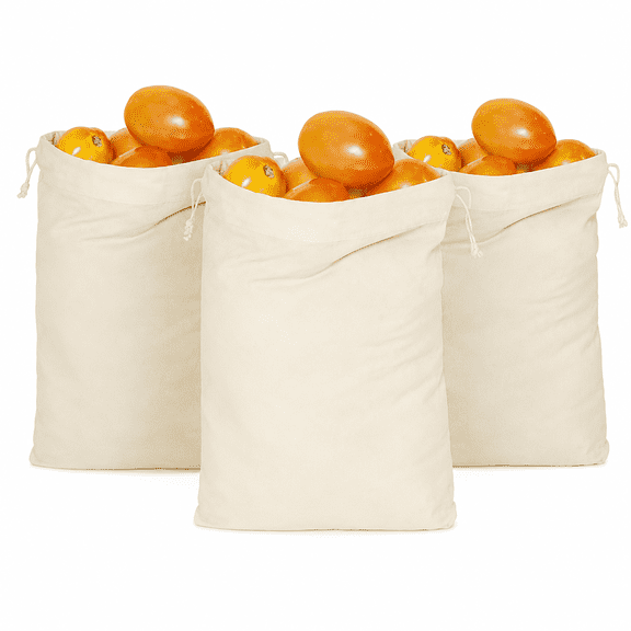 Cotton Drawstring Bags 3 Pack, 15.7x23.6 Inch Reusable Muslin Produce Storage Sacks, Natural Cotton Bread Fruit Vegetable Keep Fresh Pouch