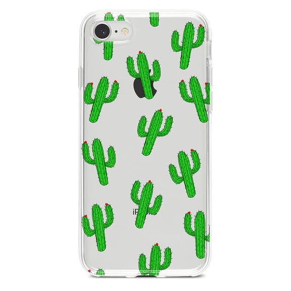DistinctInk Clear Shockproof Hybrid Case for iPhone 7 8 SE (2020 Model) 4.7" Screen TPU Bumper Acrylic Back Tempered Glass Screen Protector - Repeating Cartoon Cactus