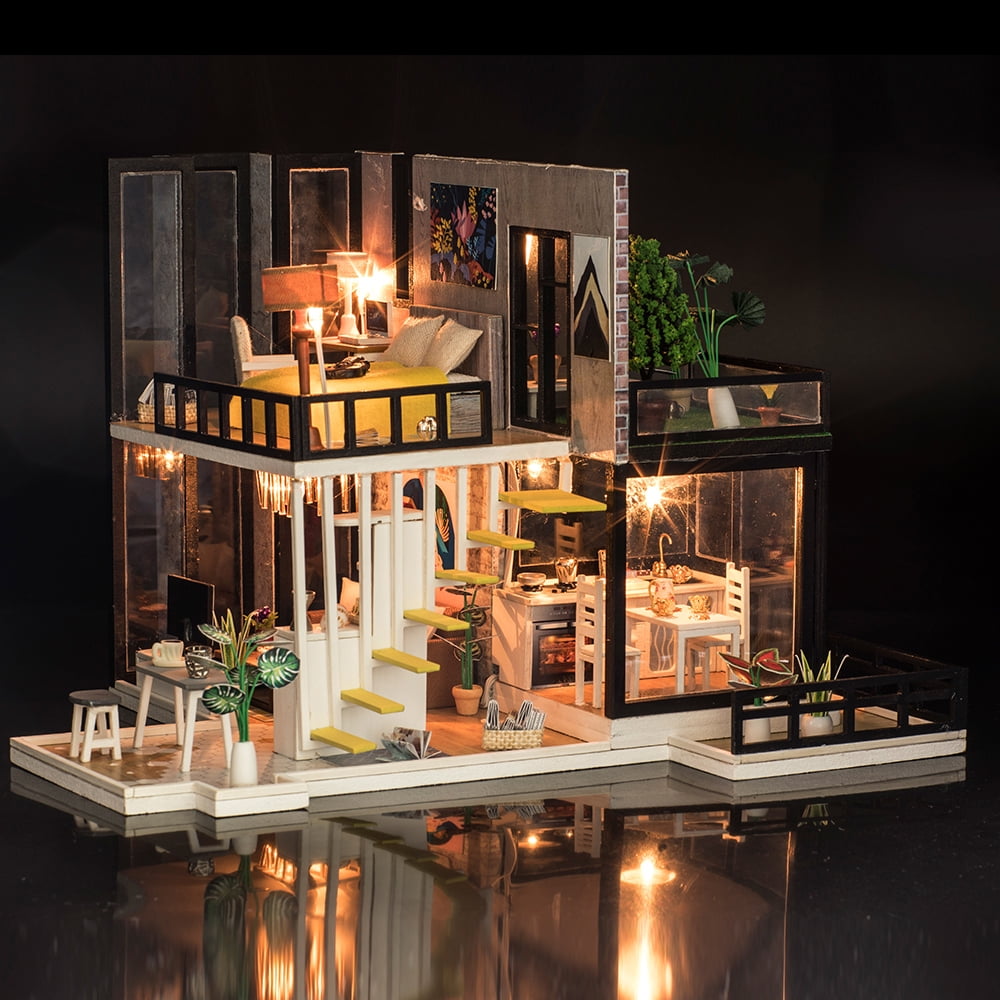 A DREAMT Miniature Dollhouse Kit-with Controllable LED Lights-DIY Forest Miniature House for Birthday Gift 