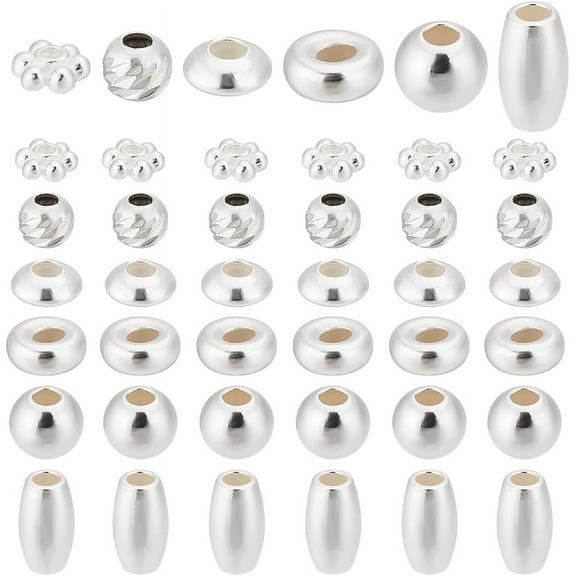 6 Styles 925 Sterling Silver Beads for Jewelry Making 60Pcs Bracelet Spacer Beads Smooth Loose Beads Beading Supplies for Crafts Ring Necklace Earring Bracelets Making 3~6mm DIY