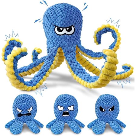 Tough Dog Toys Stuffed Chew Large Dog Toys to Keep Them Busy Interactive Squeaky Tug of War Doggie Toy Crinkle Blue Octopus