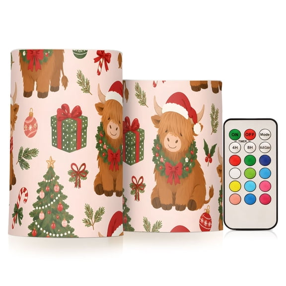 Highland Cow Christmas Flameless Candles Flickering with Remote and Timer Battery Operated LED Pillar Candle Set of 2
