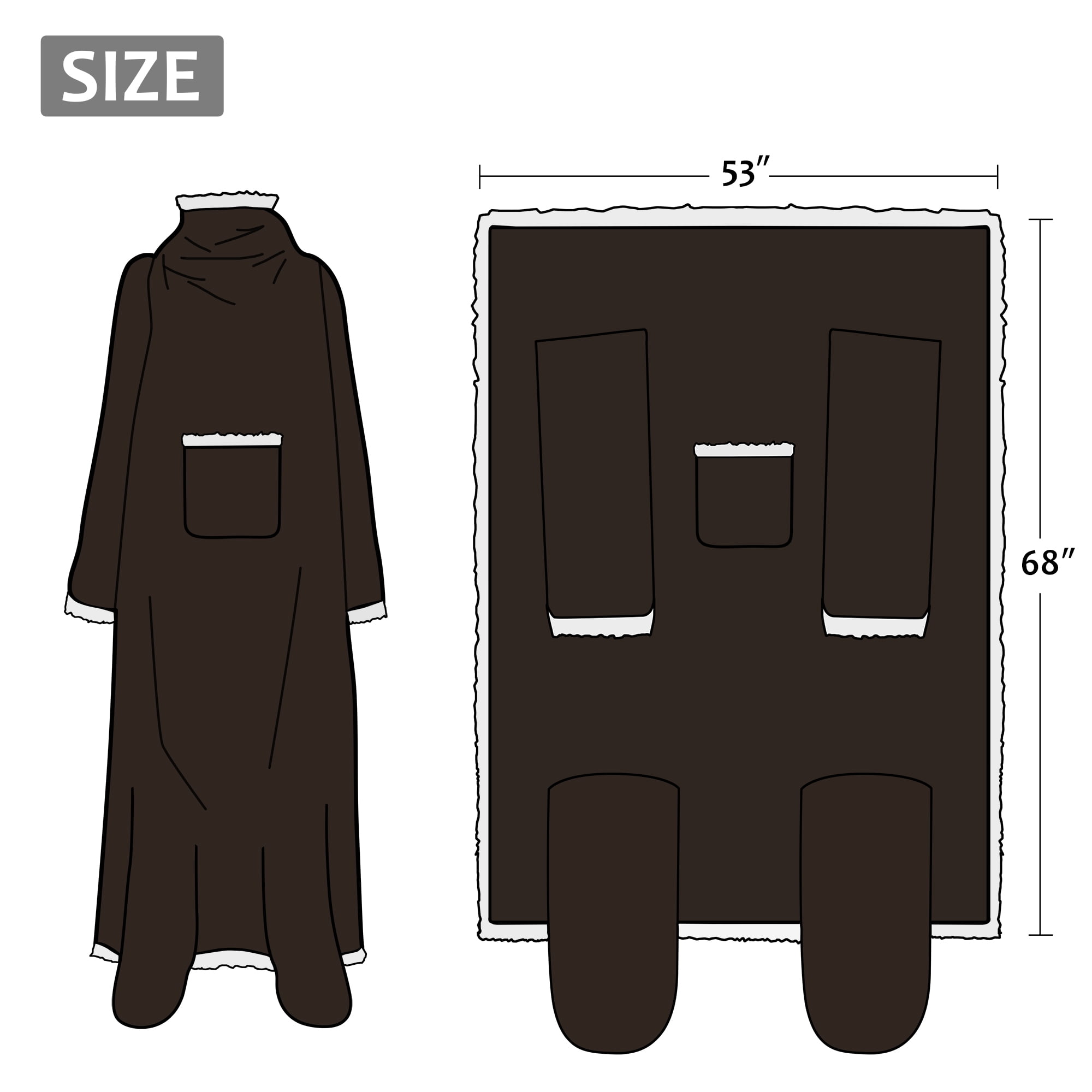Catalonia Sherpa Wearable Blanket with Sleeves & Foot Pockets for Adult Women Men, Comfy Snuggle Wrap Sleeved Throw Blanket Robe, Gift Idea, Brown, 75" x 53"