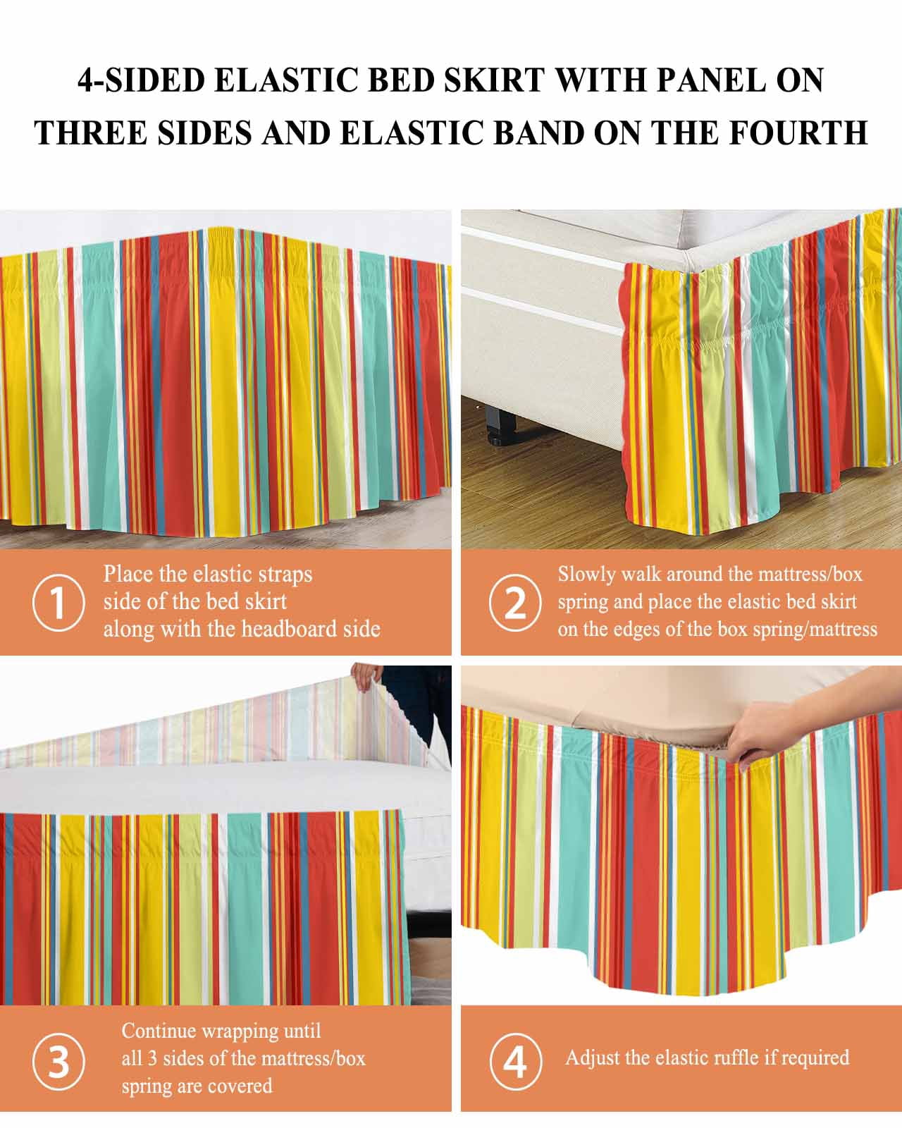 Red Aqua Stripe Wrap Around Bed Skirts for Queen Bed 16" Drop,Bed Skirt with Adjustable Elastic Belt Dust Ruffle Bed Valance for Bedroom Hotel Country Abstract Art Colorful Striped Bed Frame Cover