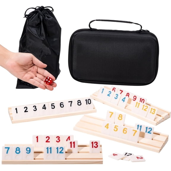 WAAYEE Rummy Cube Game Set, Classic Family Board Game, 106 Rummy Tiles with 4 Wooden Racks, Portable Carrying Case, 1 Pack