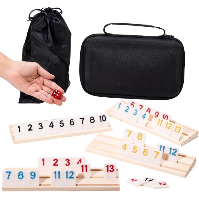 WAAYEE Juego de Cubos Rummy, Juego de Mesa Familiar Classic, 106 Azulejos Rummy con 4 Estantes de Madera, Estuche Portátil, 1 Paquete