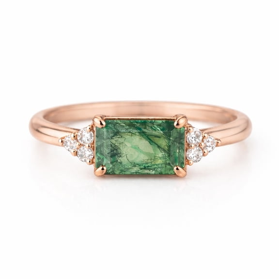 Natural Moss Agate & Diamond Engagement Ring, Octagon Cut Moss Agate Ring, Nature Inspired Wedding Ring, Unique Anniversary Ring Gift For Her, June Birthstone Ring, Handmade Jewelry