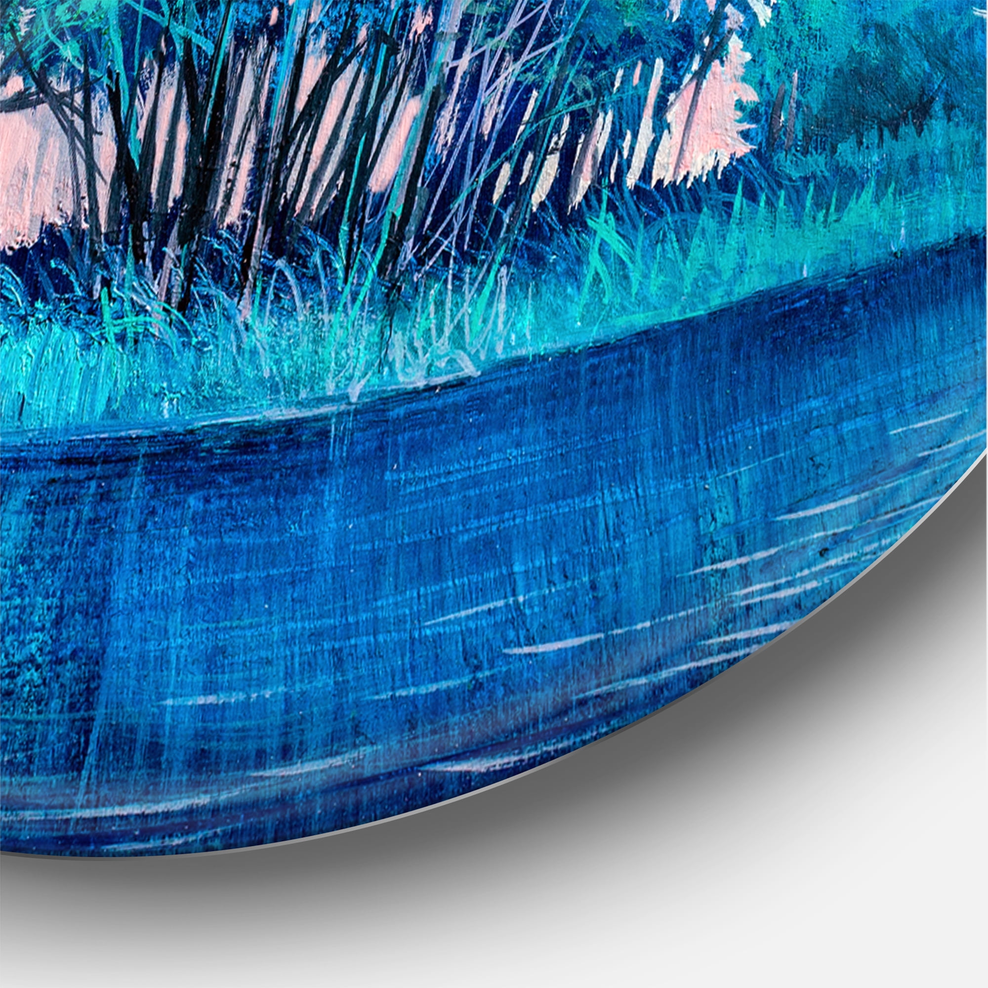 Designart 'Blue Coloured Tree Impression By Lakeside' Lake House Circle Metal Wall Art 36x36 - Disc of 36