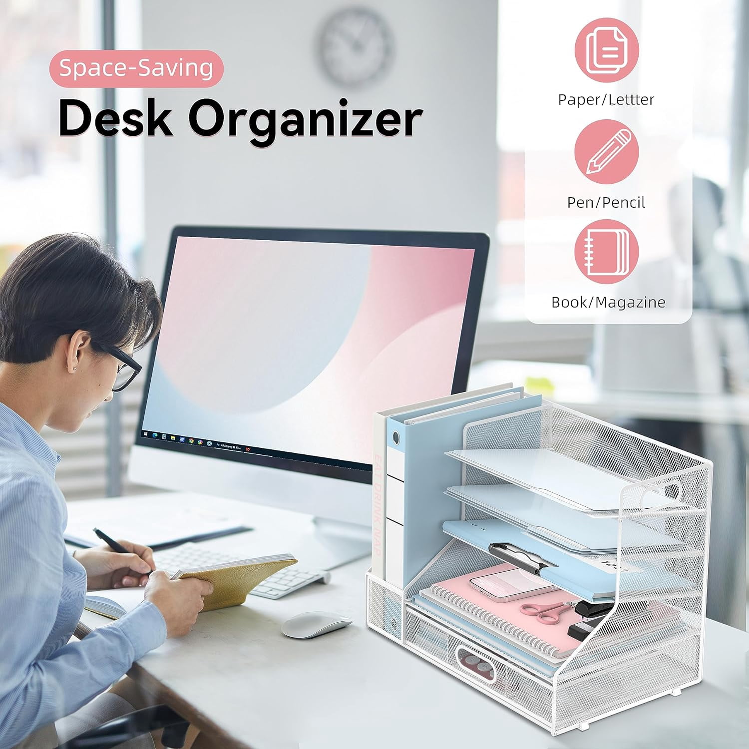 INTIGE Metal 5-Tier Desk Organizer with File Holder, Pen Holder and Drawer, File Paper Organizer,  White