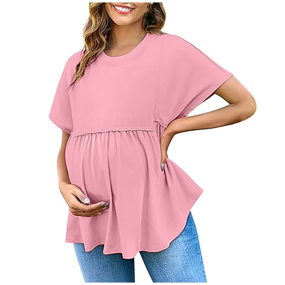Womens Maternity Short Sleeve Shirt Crew Neck Pleated Pregnancy T-Shirt Casual Loose Fit Solid Color Tops Spring Summer Clothes