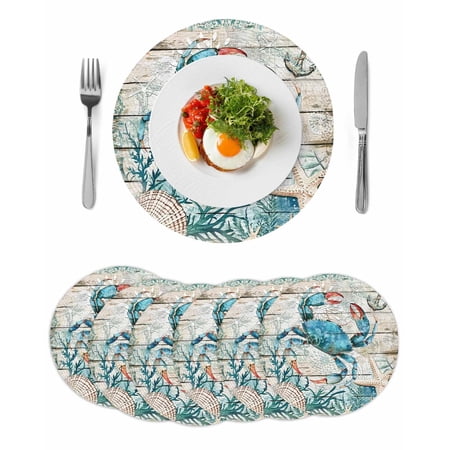 Teal Crab Coastal Round 15 Inch Placemats Set of 6 Summer Beach Nautical Starfish Retro HeatResistant Non Slip Place Mats for Dining Table Wipeable Braided Kitchen Table Mats for Housewarming