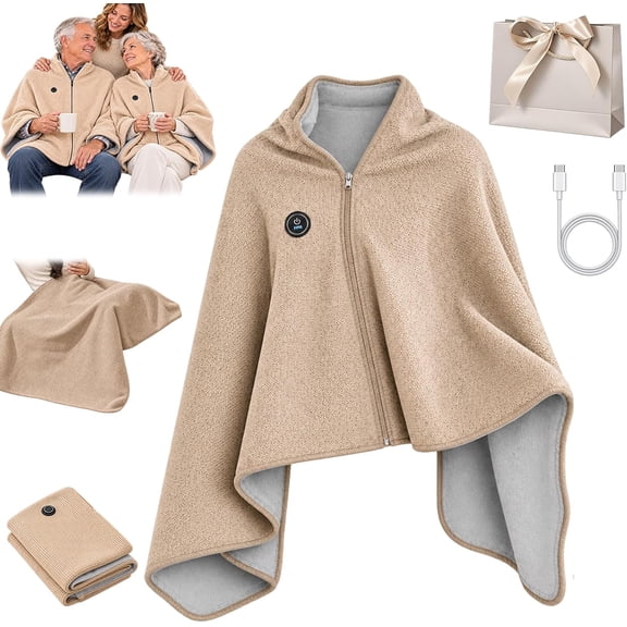 Heated Shawl for Women, USB Wearable Blanket with 3 Heat Settings, Zip-Front Heated Poncho Wrap with Plush Lining for Home Office Travel - Khaki