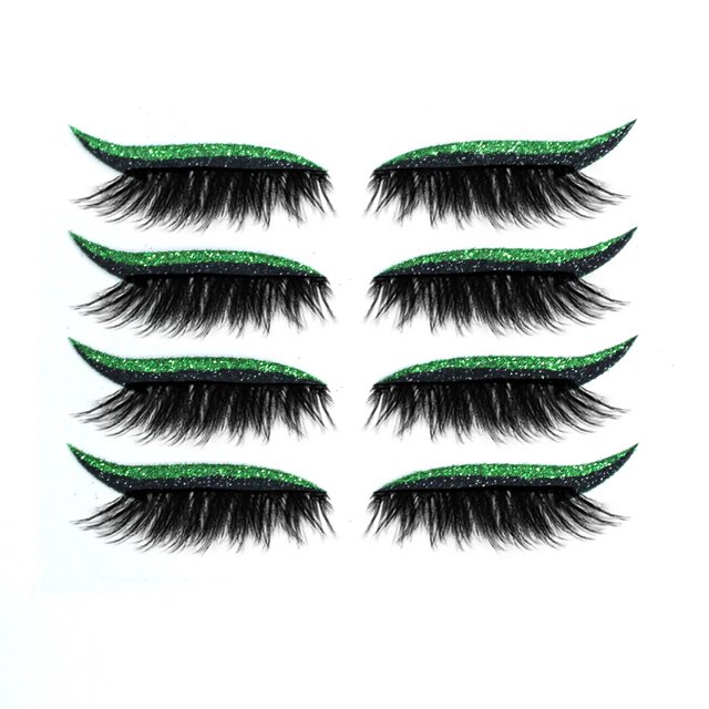 Adhesivos de maquillaje reutilizables con brillo, diseño natural y resistente al agua, incluye 4 pares de pestañas postizas autoadheribles en color verde, ideales para principiantes en maquillaje.
