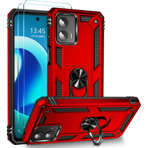 Case for Moto G 5G 2023 with 2 Pcs Tempered Glass Screen Protector [Built-in Stand] [Military Grade Drop Protection] Rugged Shockproof Protective Phone Cover, Red