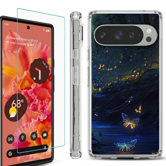 For Google Pixel 9 / 9 Pro Phone Case Cover, Shockproof Bumper Case with Tempered Glass Screen Protector, by OneToughShield - Fireflies Butterfly
