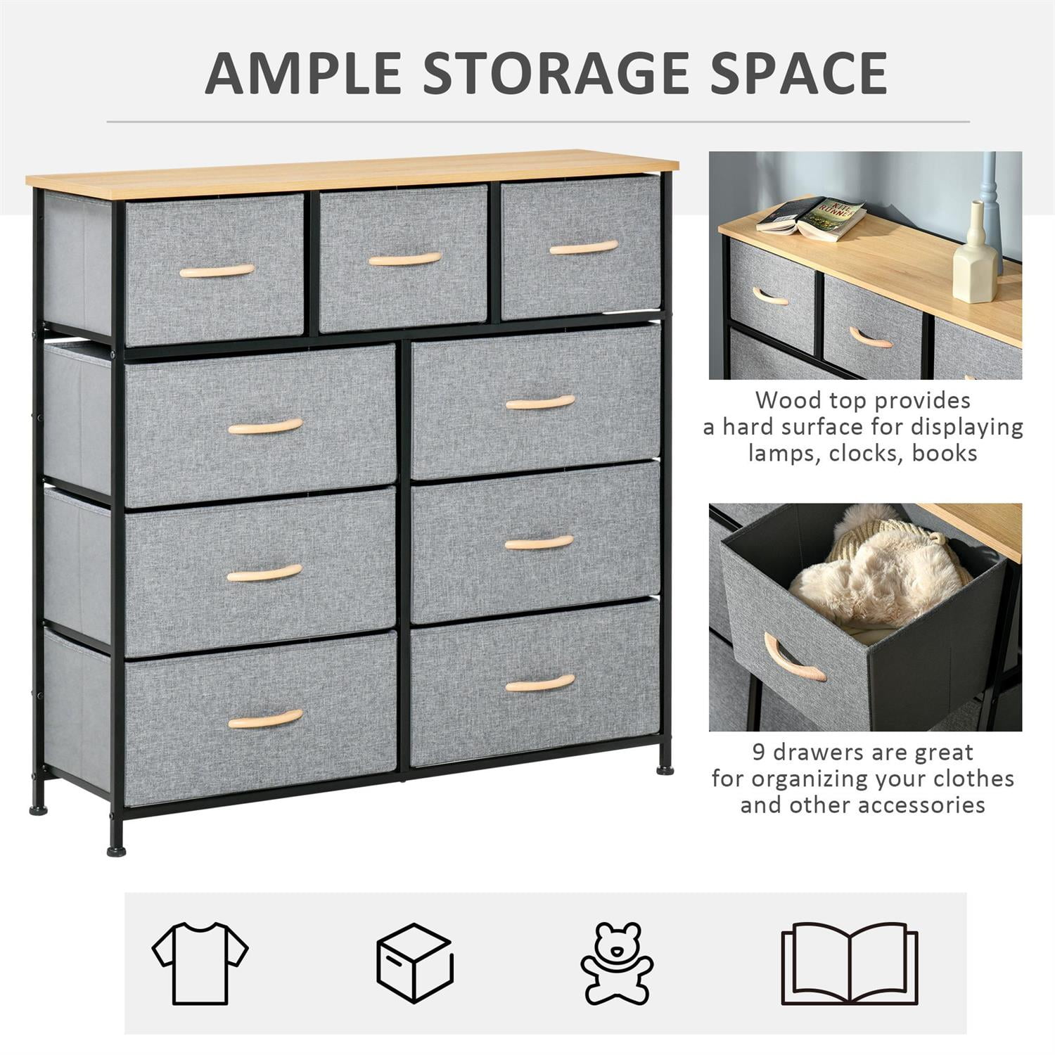 Demi Bonn 9 Drawer Steel Frame Storage Organizer, Wood Top & Easy Pull Fabric Bins for Hallways & Closets, Gray