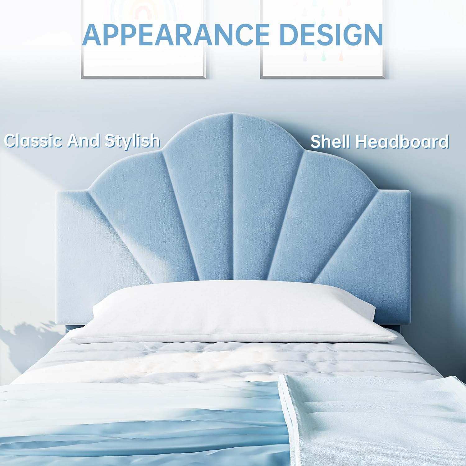 Towallmark Twin Bed Frame, Velvet Upholstered Platform Bed Frame with Height Adjustable Headboard for Boys & Girls, Wood Slat Support, Easy to Assemble, No Box Spring Needed, Light Blue