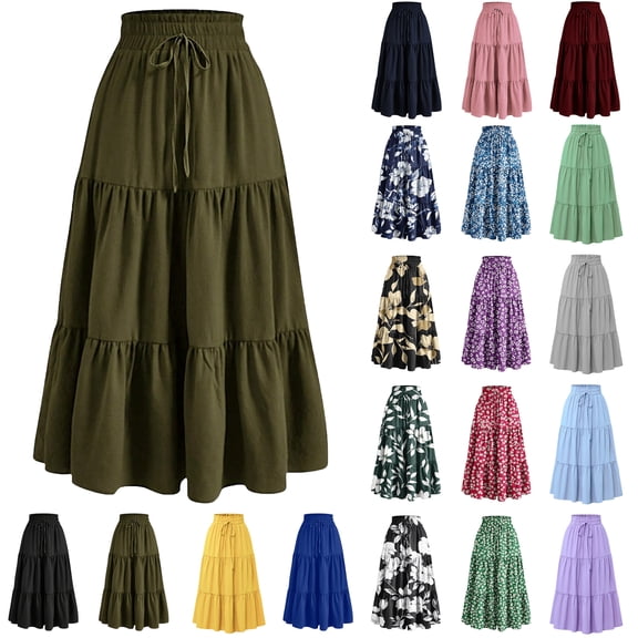 Skirt for Women Summer Casual High Waist Drawstring Maxi Skirts Trendy A-Line Solid Color Long Skirts with Pockets S-2XL