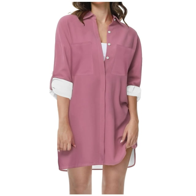 FAIWAD Robe Chemise à Boutons pour Femme, Manches Longues Roulées, Robe Ample, Couleur Unie, Col à Revers, Longue Chemise