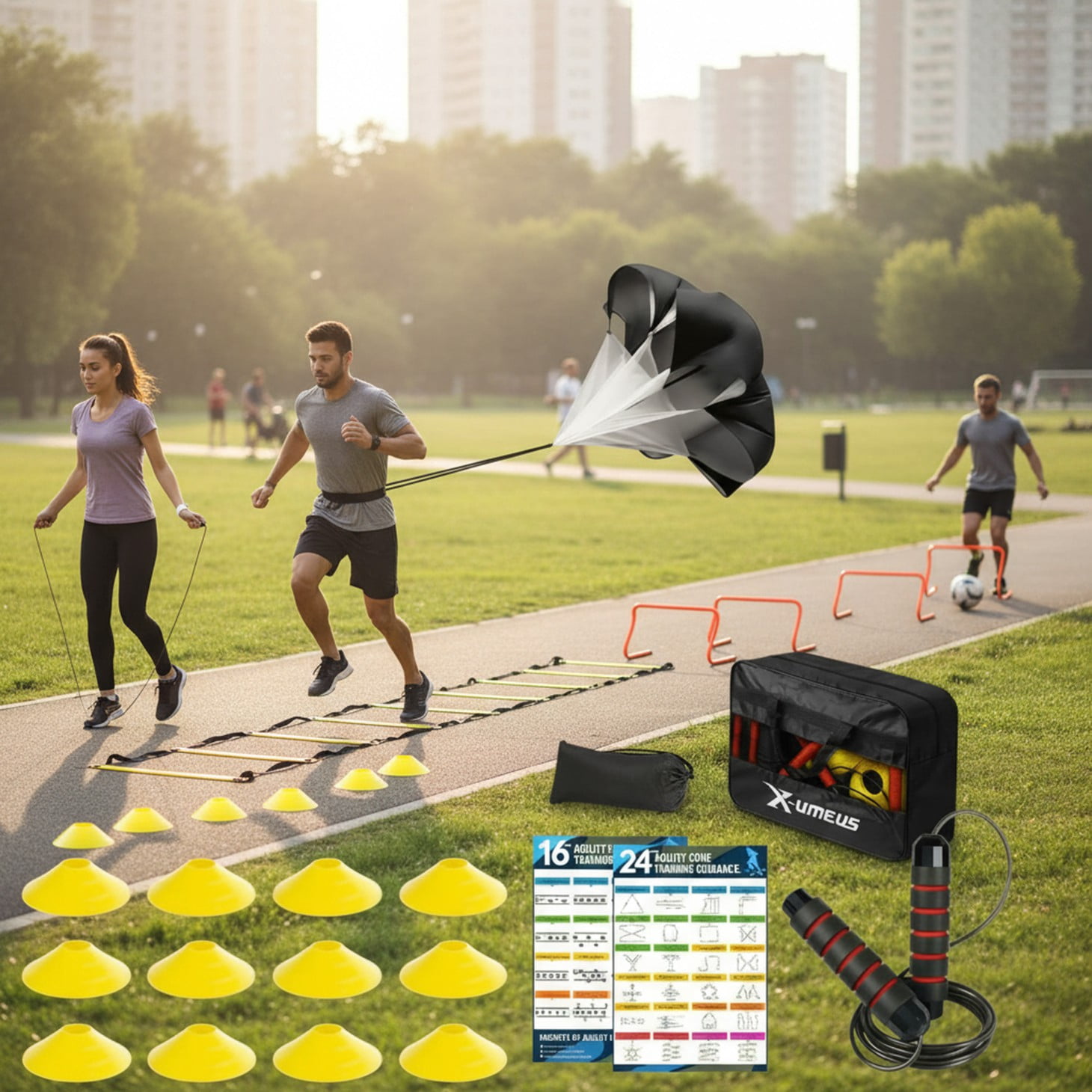 CONCETTA Agility Ladder Training Set with Speed Parachute, Hurdles, Cones, Jump Rope, Athletic Speed & Coordination Workouts Equipment, Yellow