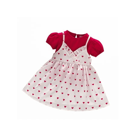 

Toddler Baby Girl Valentine s Day Outfit Puff Short Sleeve T-Shirt Top Heart Suspender Dress Skirt 2Pcs Clothes Set